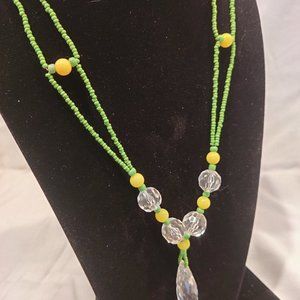 Pendant Necklace, green, yellow, and crystal beads